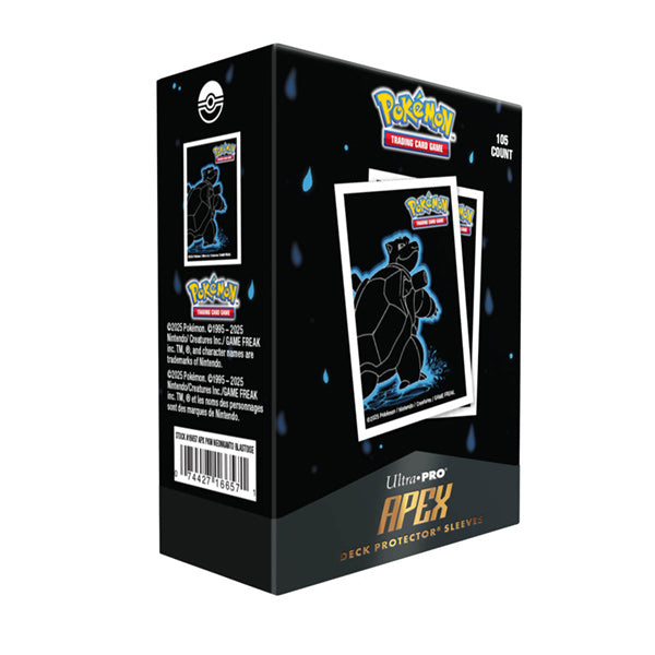 Apex Deck Protectors - Pokémon Neon Kanto - Blastoise (105ct) - Black box of Apex Deck Protectors featuring a glowing blue outline of Blastoise from Pokémon Neon Kanto, holding 105 card.