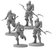 Dark Souls Mini: Alonne Knights - Set of four gray plastic miniature warrior figures in dynamic poses holding polearms, wearing detailed armor with layered.