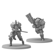 Dark Souls Mini: Captains and Warriors - Two detailed grey miniature figures of armored warriors with swords on round bases.