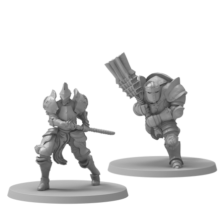 Dark Souls Mini: Captains and Warriors - Two detailed grey miniature figures of armored warriors with swords on round bases.