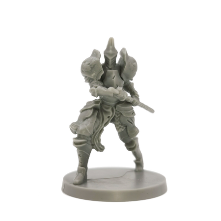 Dark Souls Mini: Captains and Warriors - Gray resin miniature of armored warrior holding sword, standing on round base.