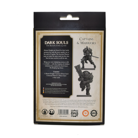 Dark Souls Mini: Captains and Warriors - Dark Souls Mini packaging showing two grayscale figurines of armored captains and warriors on a beige background with black.
