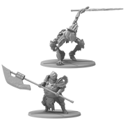 Dark Souls Mini: Dread Knights of Renown - Dread Knights of Renown, one wielding a large axe and standing, the other crouching with a long weapon raised overhead.