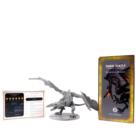 Dark Souls Mini: Guardian Dragon - Gray plastic miniature of a dragon with outstretched wings on round base next to Dark Souls-themed packaging and information