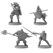 Dark Souls Mini: Unkindled Heroes Pack 1 - Four detailed unpainted resin miniatures of armored warriors with swords, shields, and a spear in dynamic battle poses.