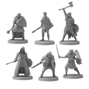 Dark Souls Mini: Unkindled Heroes Pack 2 - Six unpainted Dark Souls miniature figures including armored warriors and a robed mage with various weapons and shields.