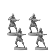 Dark Souls Mini: Hollow Crossbowmen - Set of four unpainted gray plastic miniatures depicting armored hollow crossbowmen in dynamic battle poses.