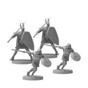 Dark Souls Mini: The Silver & The Dead - Four unpainted miniature figures from Dark Souls showing armored knights with detailed shields and weapons in dynamic poses.