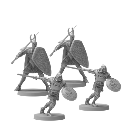 Dark Souls Mini: The Silver & The Dead - Four unpainted miniature figures from Dark Souls showing armored knights with detailed shields and weapons in dynamic poses.