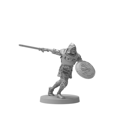 Dark Souls Mini: The Silver & The Dead - Gray plastic miniature of armored warrior lunging forward with a sword in one hand and a shield in the other.