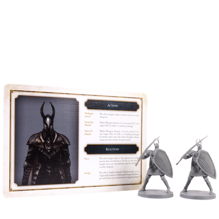 Dark Souls Mini: The Silver & The Dead - Dark Souls Mini game box featuring dark armored warrior with horned helmet and two gray sculpted miniature figurines of.
