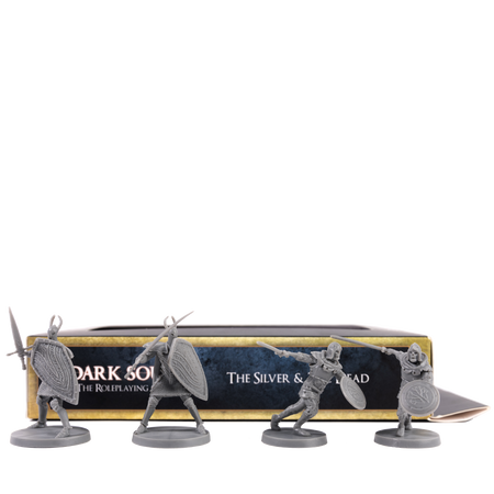 Dark Souls Mini: The Silver & The Dead - Set of four Dark Souls miniatures in gray resin, each on a round base, with a branded black and silver box.