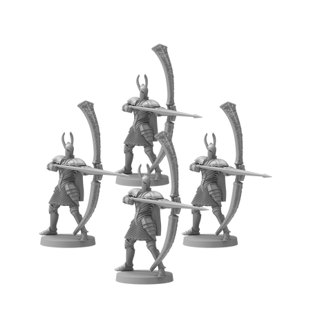 Dark Souls Mini: Silver Knight Greatbowmen - Set of four unpainted Grey Silver Knight Greatbowmen miniatures with large bows and armor details.