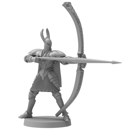 Dark Souls Mini: Silver Knight Greatbowmen - Gray miniature figure of armored Silver Knight archer holding a large bow and arrow.