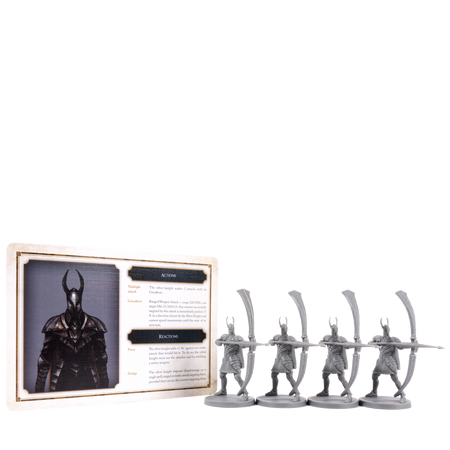 Dark Souls Mini: Silver Knight Greatbowmen - Set of four silver miniature knights with helmets and bows, displayed with a card showing Dark Souls character details.