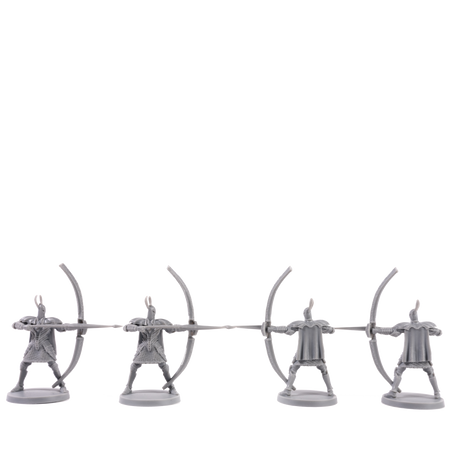 Dark Souls Mini: Silver Knight Greatbowmen - Set of four silver miniature Silver Knight Greatbowmen figurines in medieval armor holding longbows.