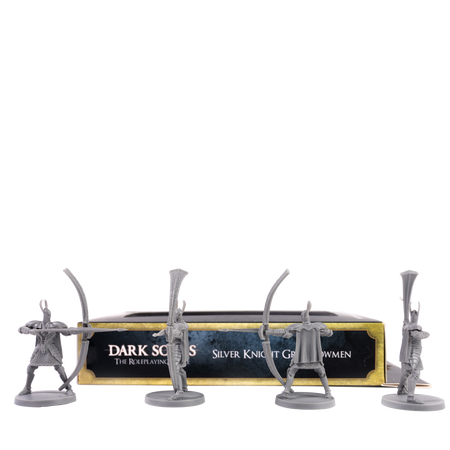 Dark Souls Mini: Silver Knight Greatbowmen - Four silver-tone miniature archer figures with longbows, detailed armor, and distinct poses, displayed in front of a.