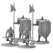 Dark Souls Mini: The Steadfast & The Hollow - Two gray miniature figures of armored warriors with large shields and halberds, one crouching and one standing.