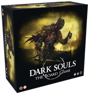 Dark Souls: The Board Game - Dark Souls board game box featuring a dark armored warrior with glowing red flames on a smoky yellow-black background.