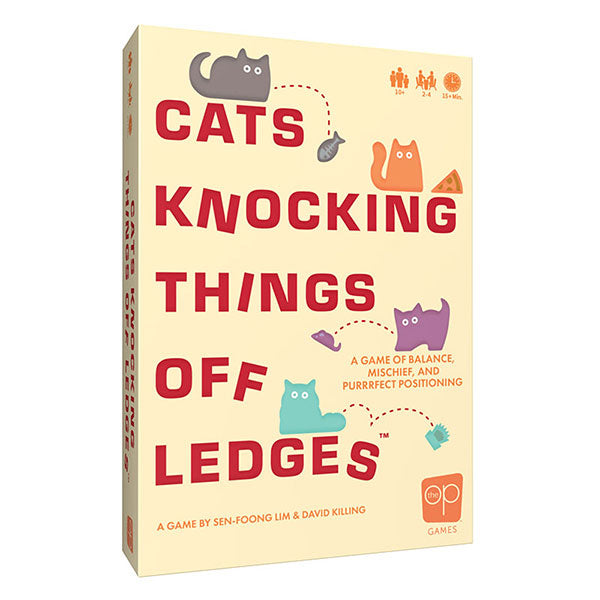 Cats Knocking Things off Ledges - Beige rectangular box with red and teal cartoon cats, bold red text, and playful design for a dexterity party game.
