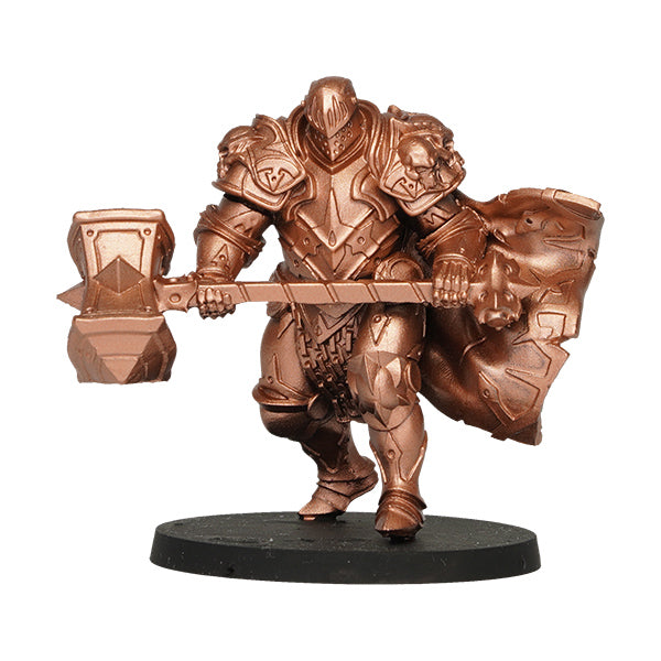 Vallejo True Metallic Metal Light: Ancient Copper (18ml) - Metallic copper-painted fantasy warrior miniature holding a large hammer and shield on a round base.