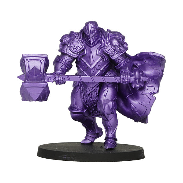 Vallejo True Metallic Metal Airbrush: Celestial Violet (18ml) - Metallic purple armored warrior miniature holding a large hammer and shield on black base.