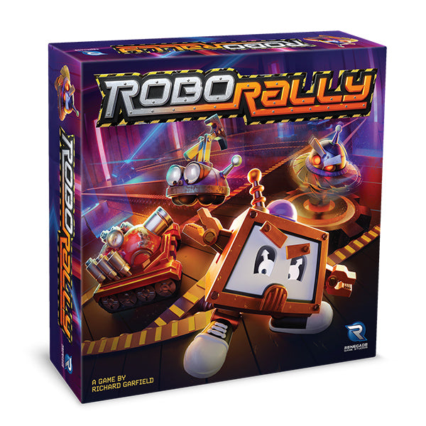 Robo Rally (PREORDER) - Colorful Robo Rally board game box featuring animated robots and a racing track with metallic and orange accents.