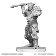 D&D Nolzur's Marvelous Miniatures: Bugbear Stalker & Goblin Hexer (PREORDER) - Gray plastic miniature of a muscular bugbear holding a large spear overhead, wearing fur and armor with spiked shoulder.