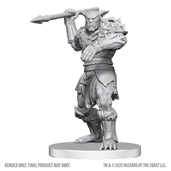 D&D Nolzur's Marvelous Miniatures: Bugbear Stalker & Goblin Hexer (PREORDER) - Gray plastic miniature of a muscular bugbear holding a large spear overhead, wearing fur and armor with spiked shoulder.