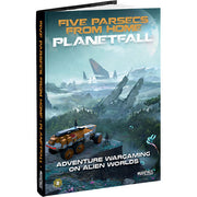 Five Parsecs from Home: Planetfall (PREORDER) - Planetfall" with sci-fi landscape featuring futuristic rover and alien terrain in blue and green tones.
