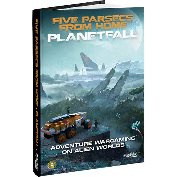 Five Parsecs from Home: Planetfall (PREORDER) - Planetfall" with sci-fi landscape featuring futuristic rover and alien terrain in blue and green tones.