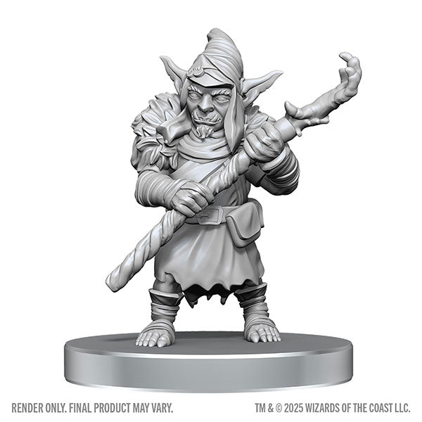 D&D Nolzur's Marvelous Miniatures: Bugbear Stalker & Goblin Hexer (PREORDER) - Unpainted gray plastic goblin miniature holding a twisted staff, wearing a hood and layered armor with a menacing expression.