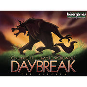 One Night Ultimate Werewolf: Daybreak (PREORDER) - Box cover art featuring a dark werewolf silhouette against a glowing orange and purple sky with grassy foreground.