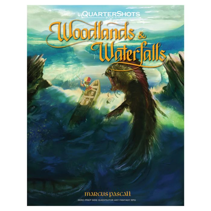 QuarterShots: Woodlands & Waterfalls - Book cover with illustration of a large fish leaping out of turbulent blue-green water toward a canoe carrying two people in