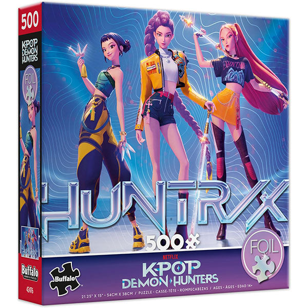 K-Pop Demon Hunters Puzzle - For the Fans (500 Piece Foil) (PREORDER) - Colorful 500-piece foil puzzle box featuring three animated female K-pop demon hunters in dynamic poses against a blue.