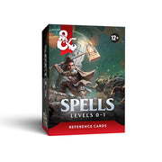 D&D 5e Reference Cards - Spells Level 0-1 - Box of D&D 5e reference cards with fantasy wizard artwork, dark background, red and black accents.
