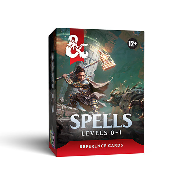 D&D 5e Reference Cards - Spells Level 0-1 - Box of D&D 5e reference cards with fantasy wizard artwork, dark background, red and black accents.