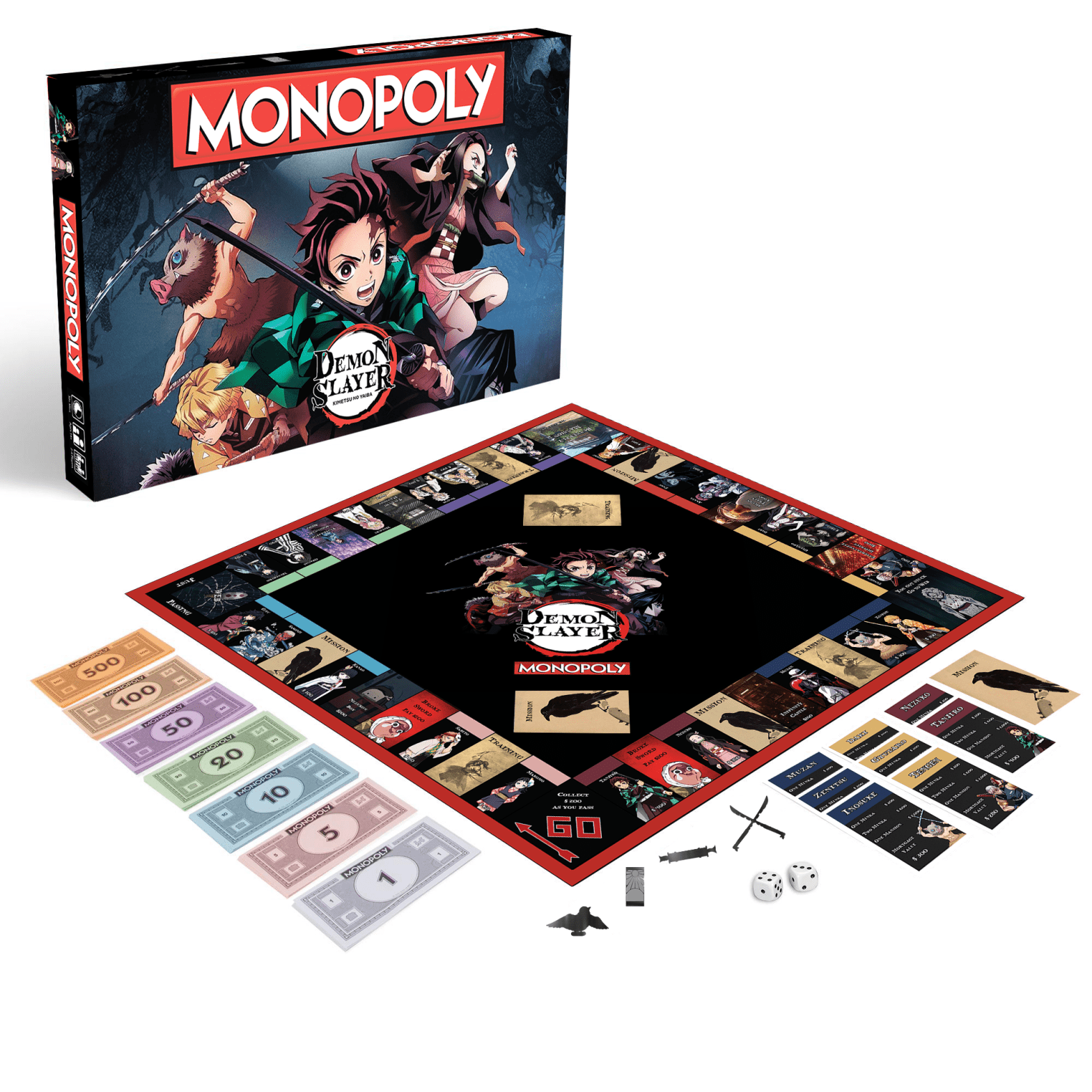 Monopoly: Demon Slayer (PREORDER) - Monopoly Demon Slayer edition with themed board, character cards, colored money, dice, and player tokens on a black and red.
