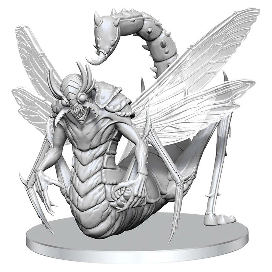 Pathfinder Battles Deep Cuts: Derakni - Gray plastic miniature of an insectoid creature with wings, six limbs, segmented tail, and sharp claws on a round base.
