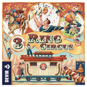 3 Ring Circus - Colorful vintage circus-themed board game box with performers, animals, and a train car illustration.