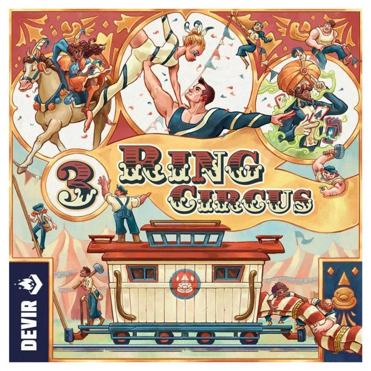 3 Ring Circus - Colorful vintage circus-themed board game box with performers, animals, and a train car illustration.