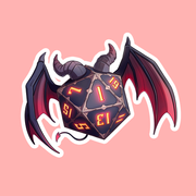 Devil D20 DnD Sticker - Black d20 dice with red glowing numbers and devil horns and wings sticker on pink background.