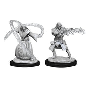 D&D Nolzur's Marvelous Miniatures: Elf Wizard Male - Two unpainted gray resin fantasy miniatures of a male elf wizard casting a spell with flowing robes and a male warrior.