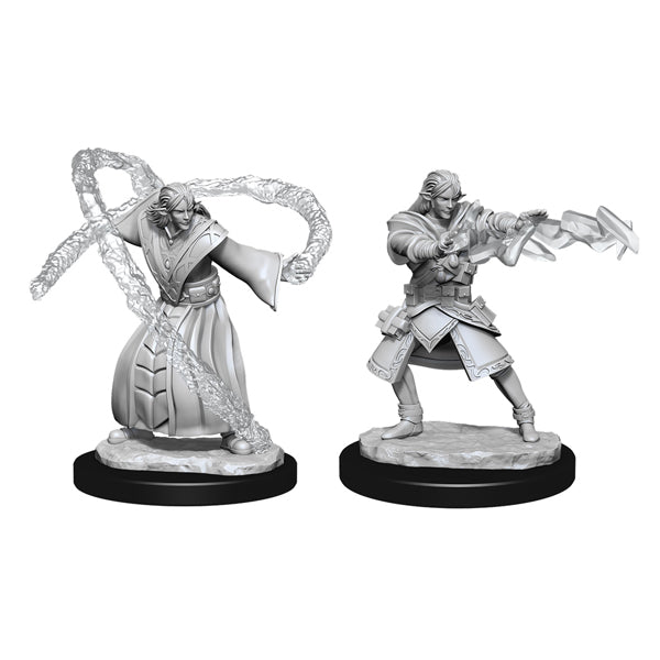 D&D Nolzur's Marvelous Miniatures: Elf Wizard Male - Two unpainted gray resin fantasy miniatures of a male elf wizard casting a spell with flowing robes and a male warrior.