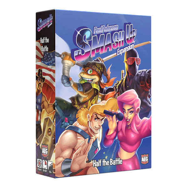 Smash Up: Half the Battle (PREORDER) - Half the Battle expansion box with colorful comic-style characters on blue background.