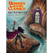 Dungeon Crawl Classics: Core Rulebook (Hardcover) - Dungeon Crawl Classics hardcover rulebook with fantasy artwork of a warrior facing a mysterious purple-robed stone face in a