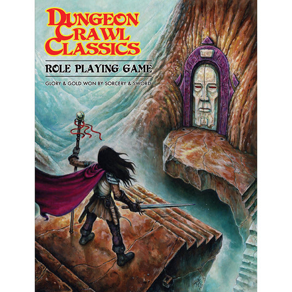 Dungeon Crawl Classics: Core Rulebook (Hardcover) - Dungeon Crawl Classics hardcover rulebook with fantasy artwork of a warrior facing a mysterious purple-robed stone face in a