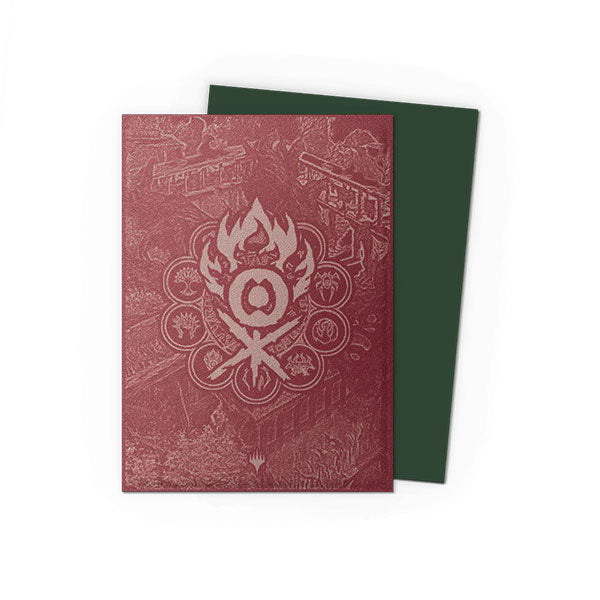 Dragon Shield Dual Sleeves 100ct Box - MTG Guildpact Series - Grull Clans (PREORDER) - Set of 100 rectangular card sleeves with dark red outer sleeve featuring a fiery emblem and deep green inner sleeves.