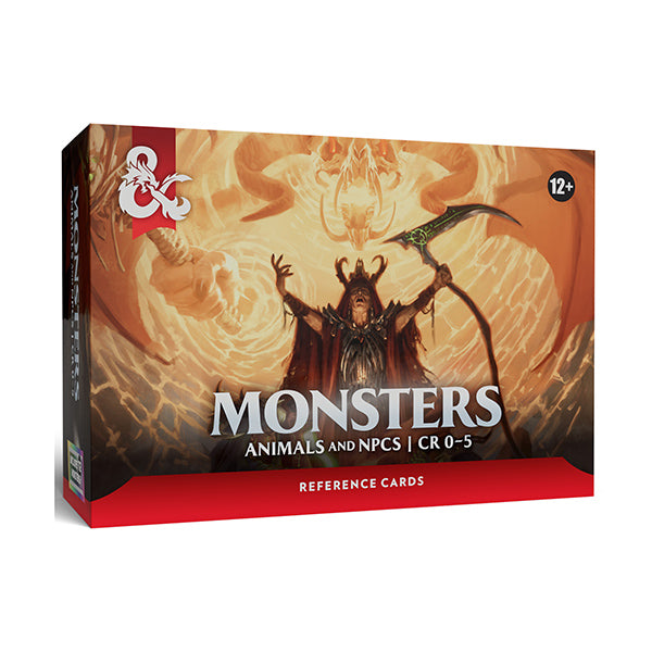 D&D 5e Reference Cards - Monsters: Animals and NPCs CR 0-5 (PREORDER) - D&D 5e reference cards box with fiery orange and brown fantasy artwork featuring a horned monster holding a scythe, labeled.