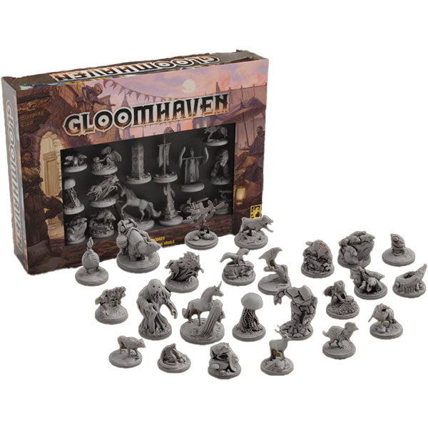 Gloomhaven: Miniatures - Gloomhaven Summons Set (PREORDER) - Set of 24 detailed gray plastic Gloomhaven character miniatures with a box featuring fantasy art and logo.